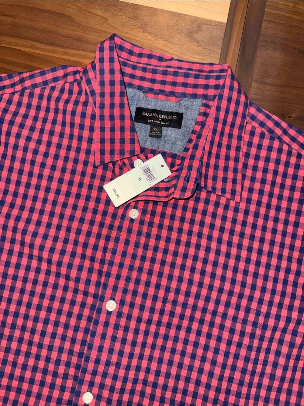 Banana Republic Soft Wash Slim Fit Shirt Mens XL Pink Navy Gingham Short Sleeve